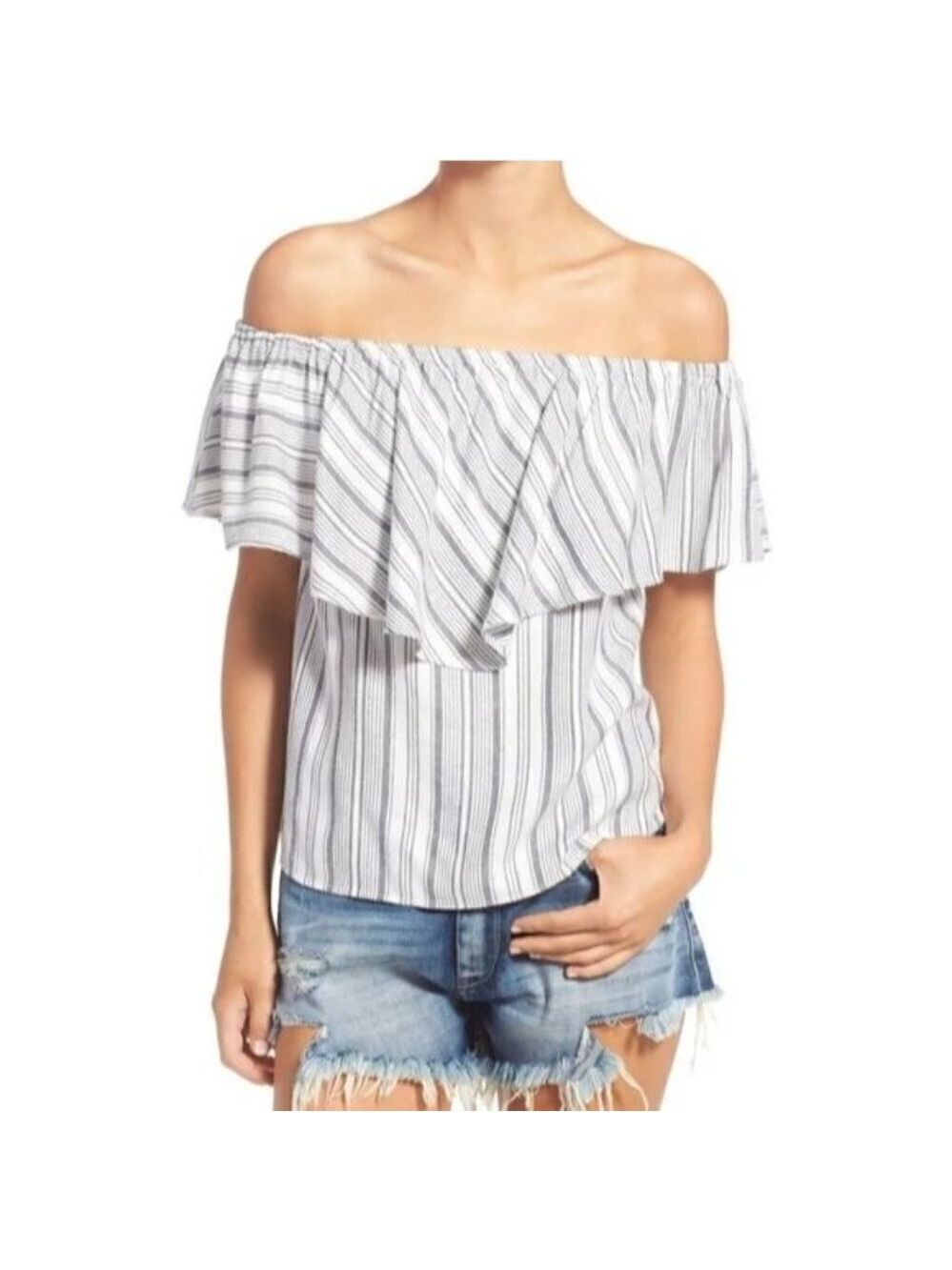 WAYF Blue White Pullover Striped Off the Shoulder Blouse Top Size XS Made in USA